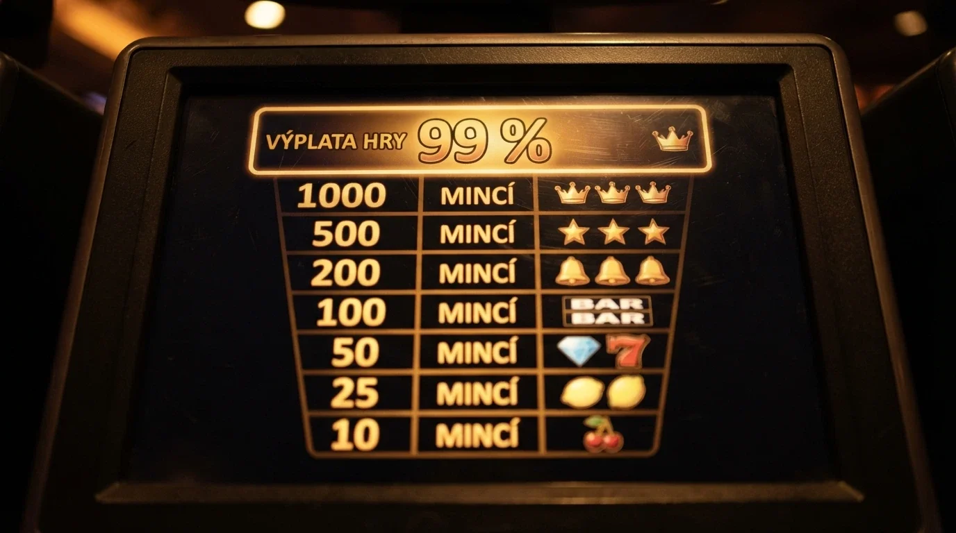 Detail hrací plochy automatu s viditelnou tabulkou výher a zvýrazněnou hodnotou RTP 99 %
