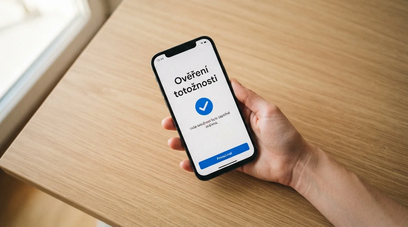 Mobilní telefon s otevřenou bankovní aplikací a textem „Ověření totožnosti“, na pozadí logo BankID a nápis Bankovní identita.