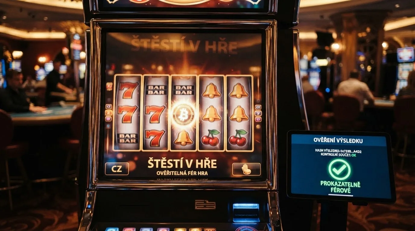 Roztočený automat s bitcoinovým symbolem na válcích, vedle ověřovací hash na displeji — znázornění provably fair