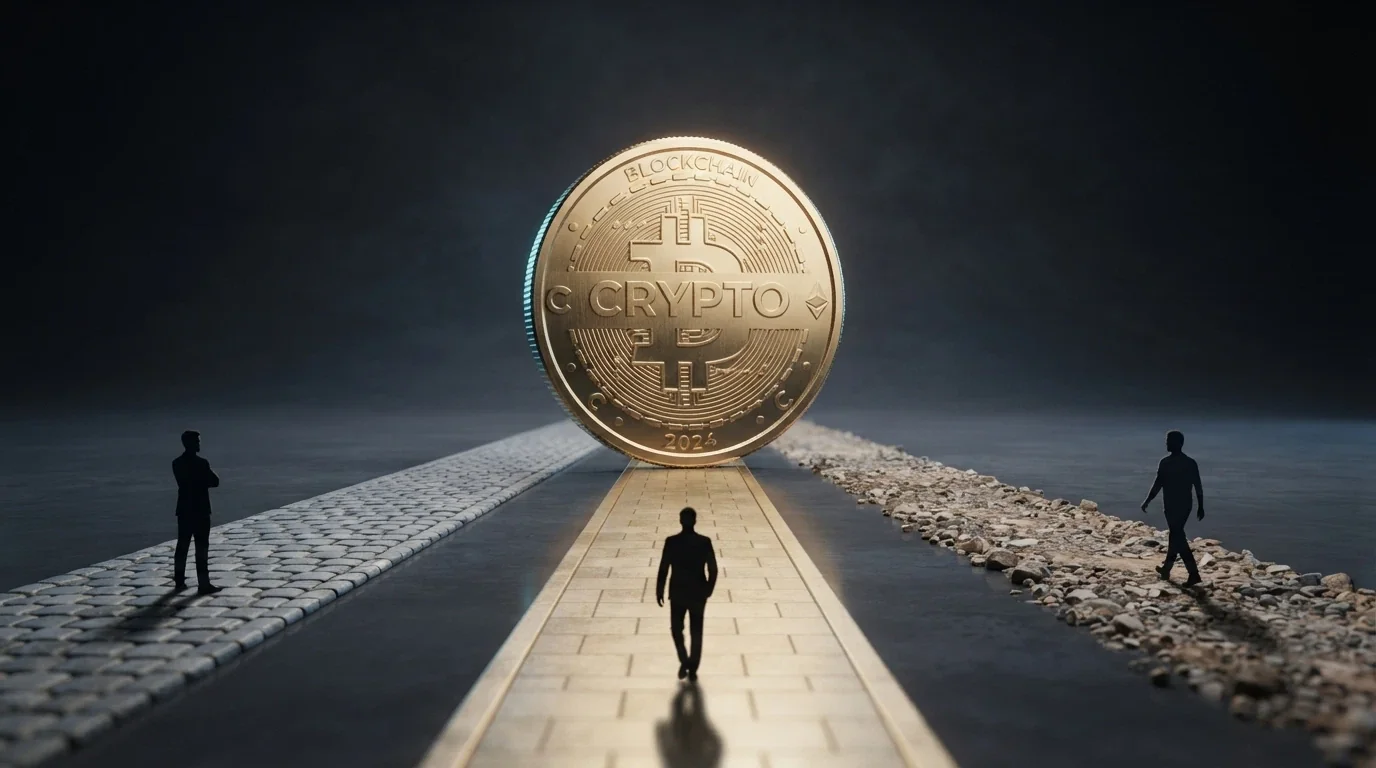 Tři cesty rozbíhající se z jedné bitcoinové mince — každá vede k jinému typu hráče