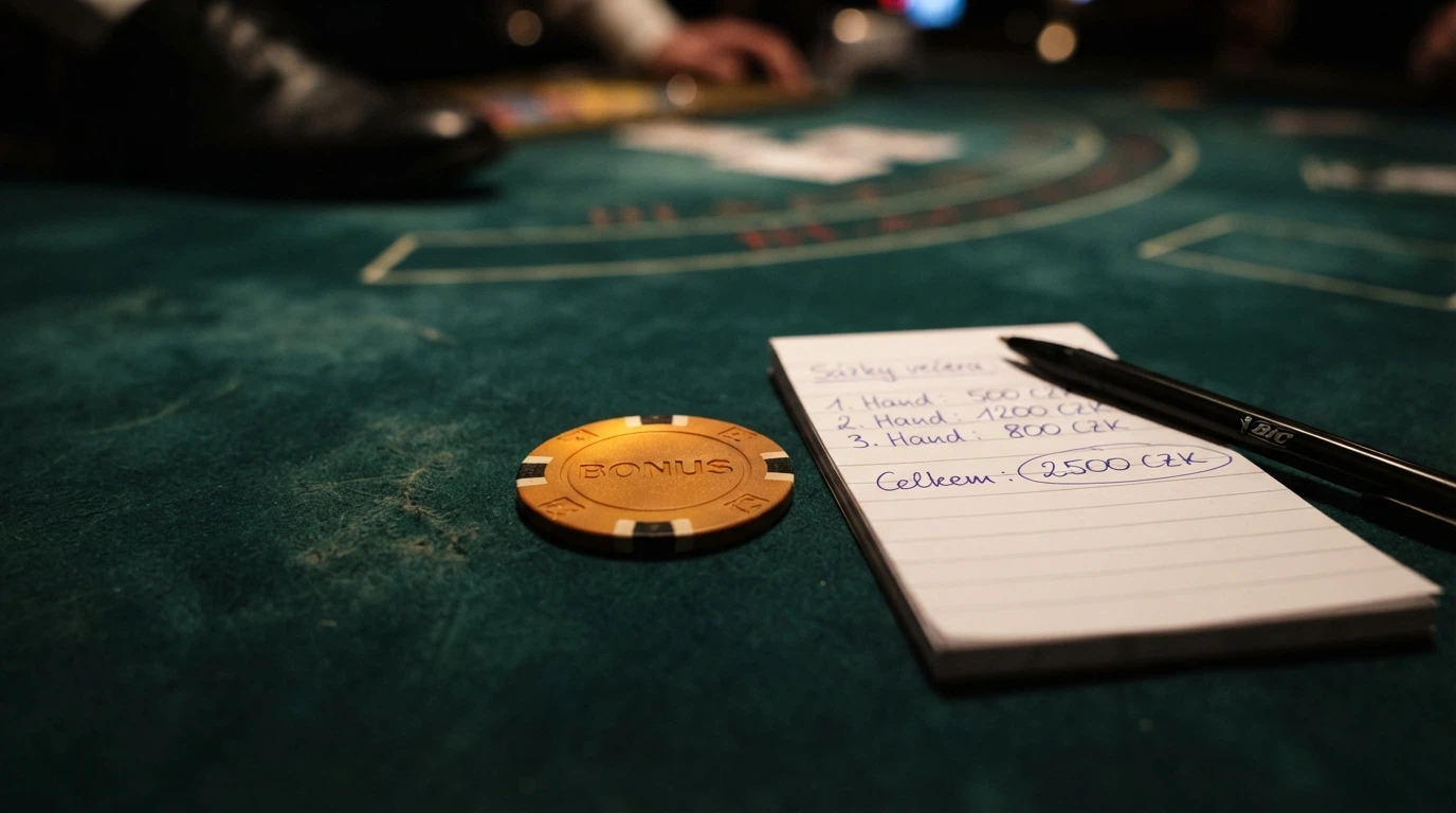 žeton s nápisem bonus na blackjackovém stole vedle ukazatele podmínek protočení