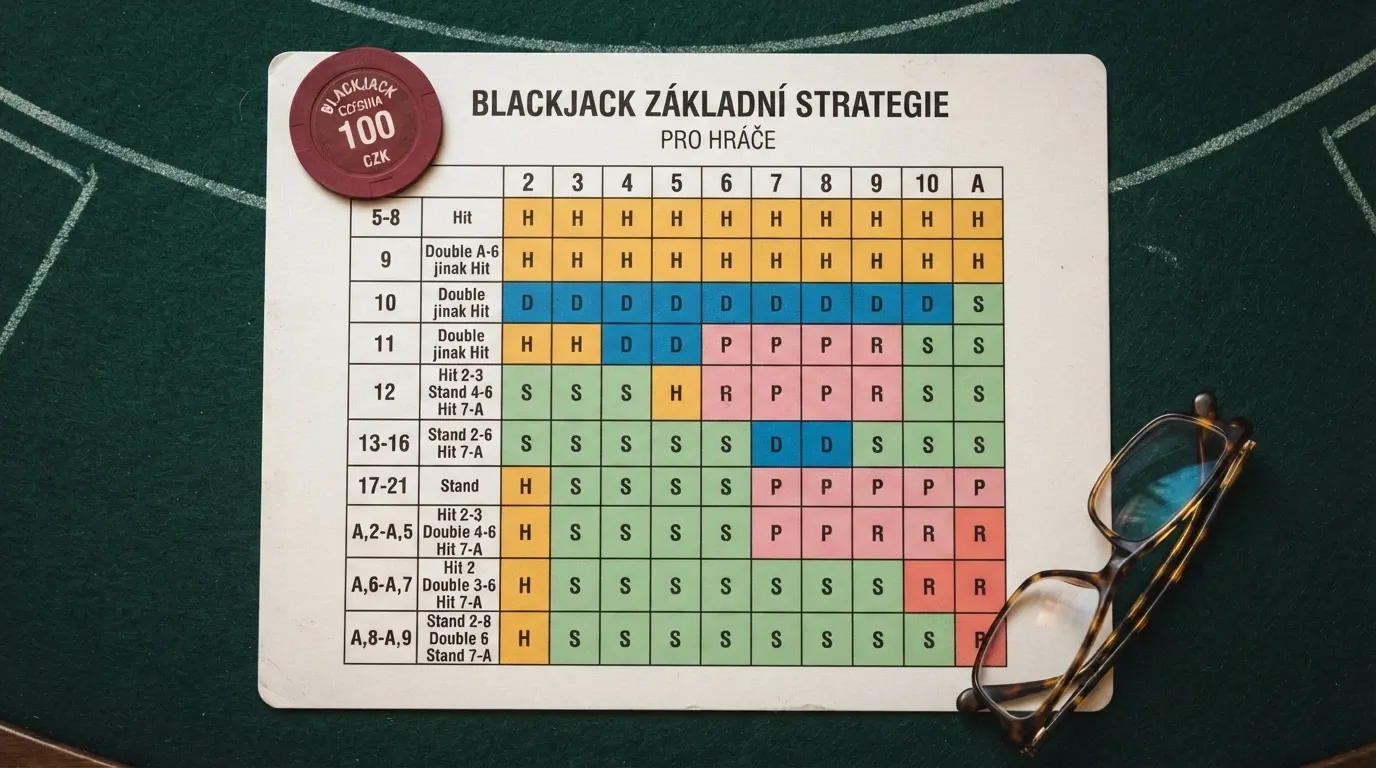 tahák základní strategie blackjacku — matice rozhodnutí pro každou kombinaci karet hráče a dealera