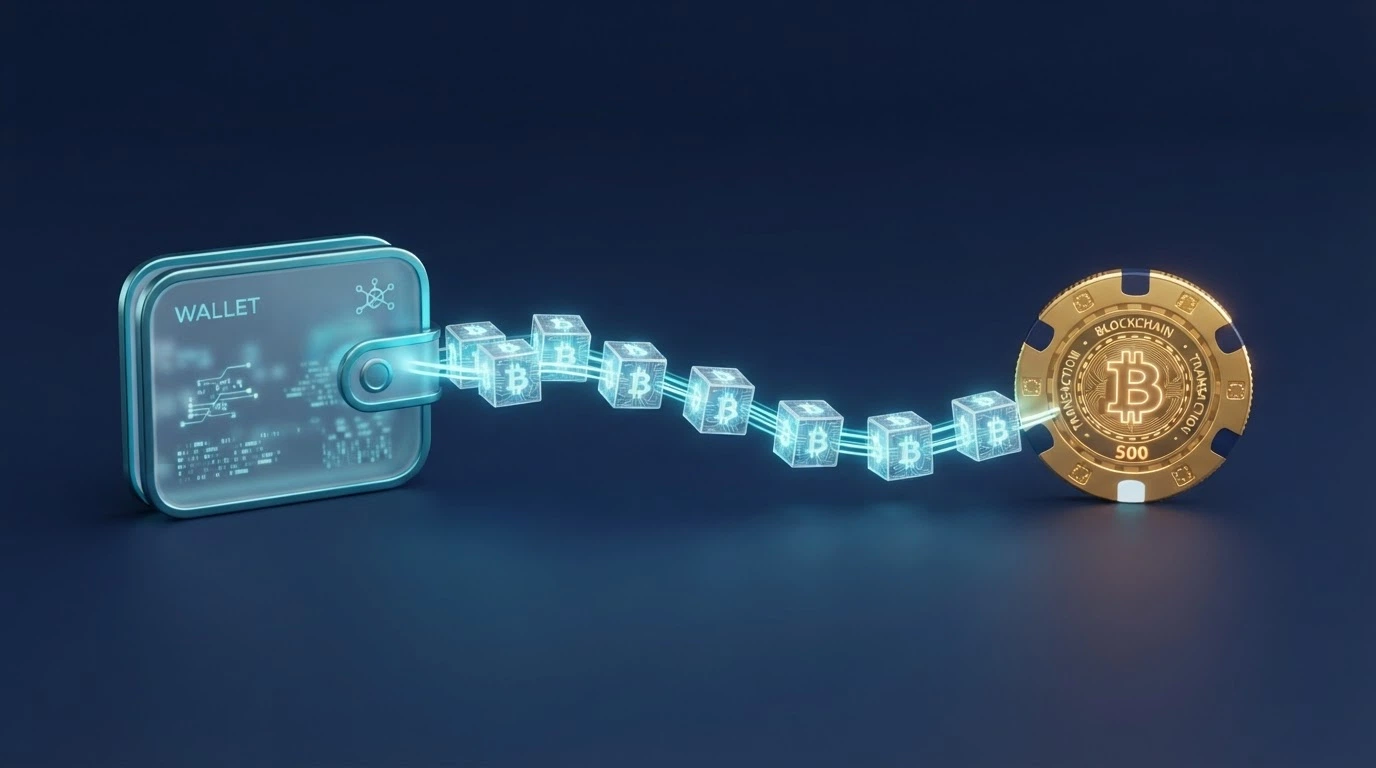 Schéma transakce — hráč posílá kryptoměnu z peněženky na adresu kasina, transakce se potvrzuje na blockchainu