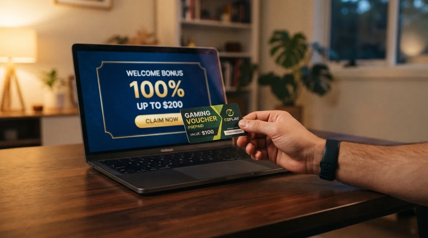Ruka držící paysafecard kupón před obrazovkou s uvítací bonusovou nabídkou online kasina