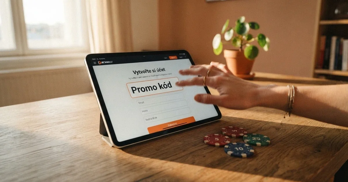 Srovnání deseti českých online casin s promo kódy, v popředí pole s promo kódem a bonusovými symboly
