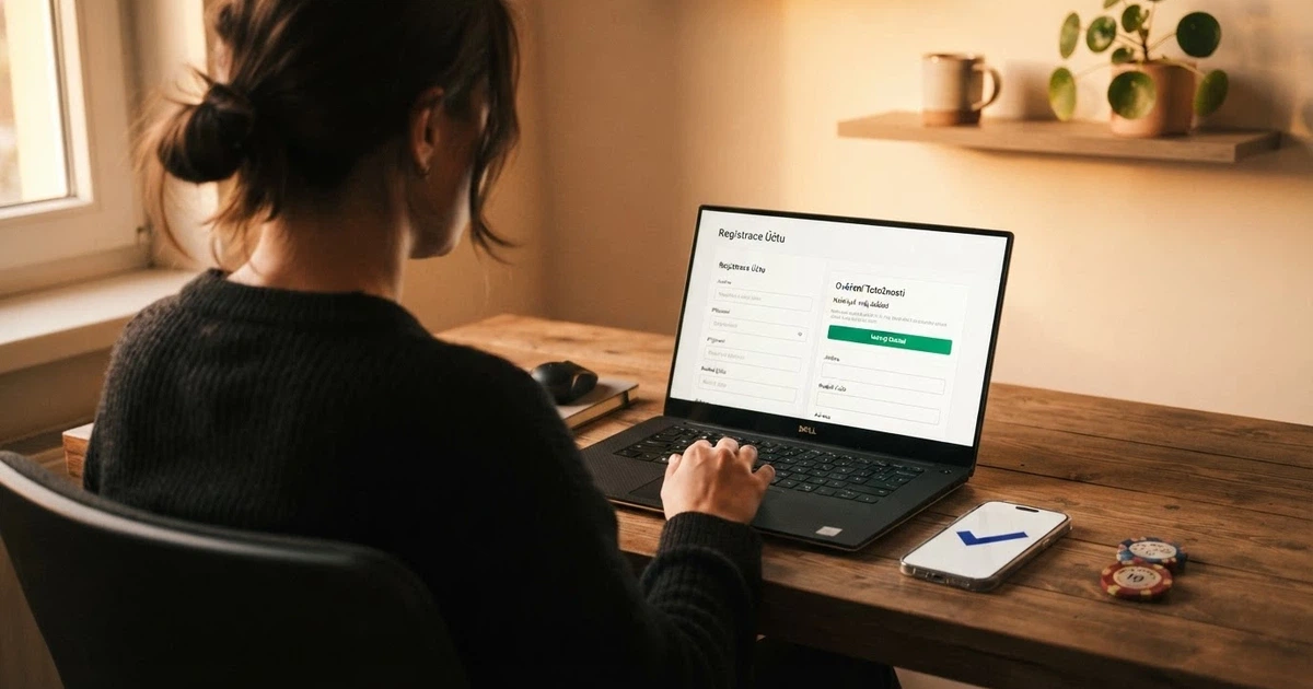 Hráč u notebooku, na obrazovce formulář českého online casina s výzvou k ověření BankID, vedle něj občanský průkaz a mobilní telefon s bankovní aplikací.