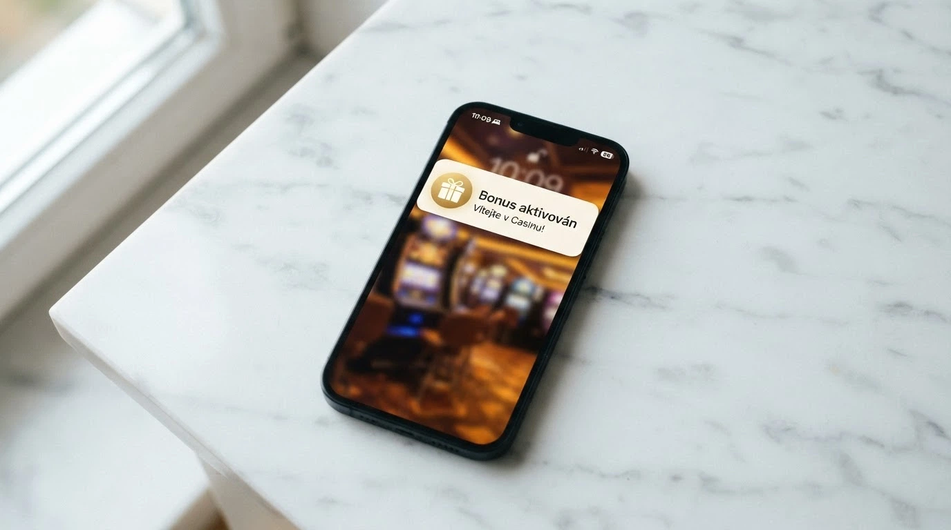 Mobilní telefon s notifikací o připsaném bonusu na pozadí casina