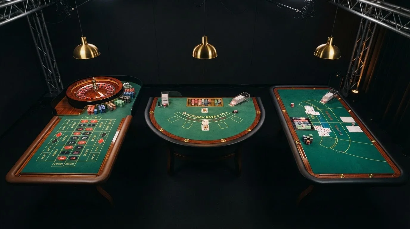 Rozložení živých stolů v kasinu — ruleta, blackjack a baccarat vedle sebe