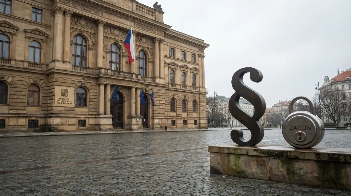 Budova Ministerstva financí ČR s českou vlajkou, vedle ní paragrafová značka a ikona zámku s nápisem „ZHH §4“