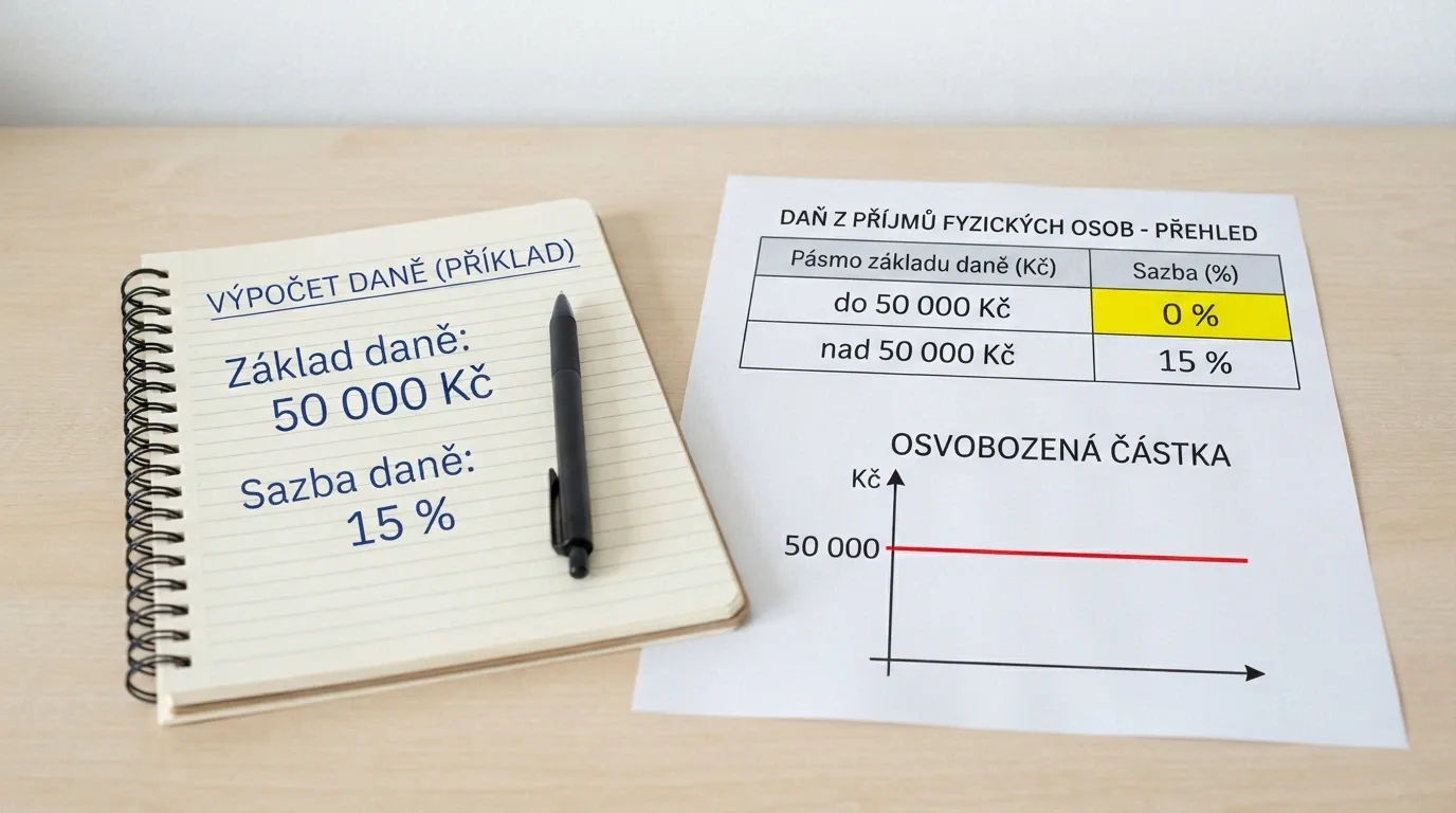 Kalkulačka nebo formulář znázorňující výpočet 15% daně z výher nad 50 000 Kč