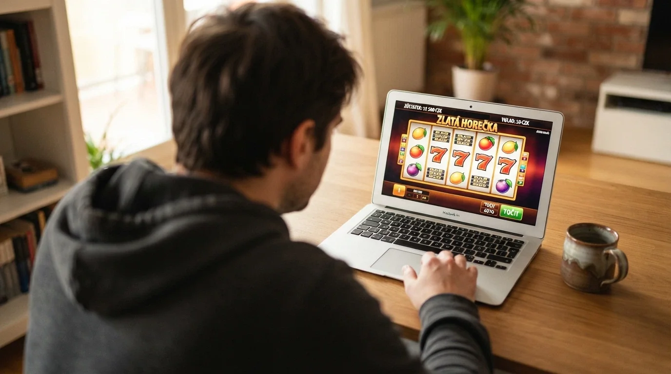 Obrazovka laptopu s otevřeným online automatem v demo režimu, viditelný zůstatek virtuálních kreditů