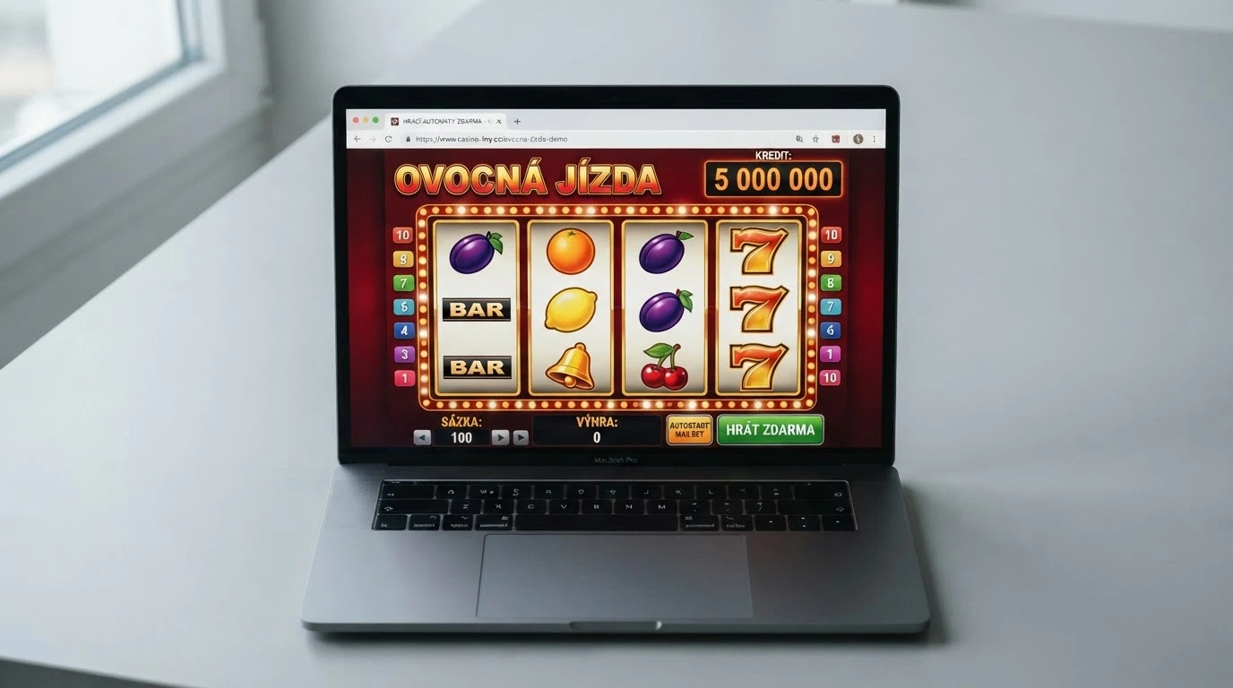 Obrazovka prohlížeče s rozběhnutým demo automatem, v rohu tlačítko virtuálních kreditů a nápis „hrát zdarma“