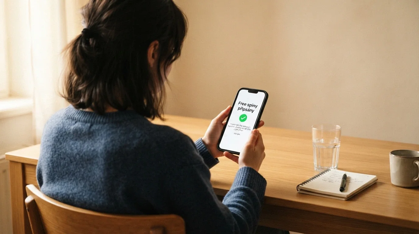 Ruka držící mobilní telefon s obrazovkou registrace do casina a nápisem „free spiny připsány“