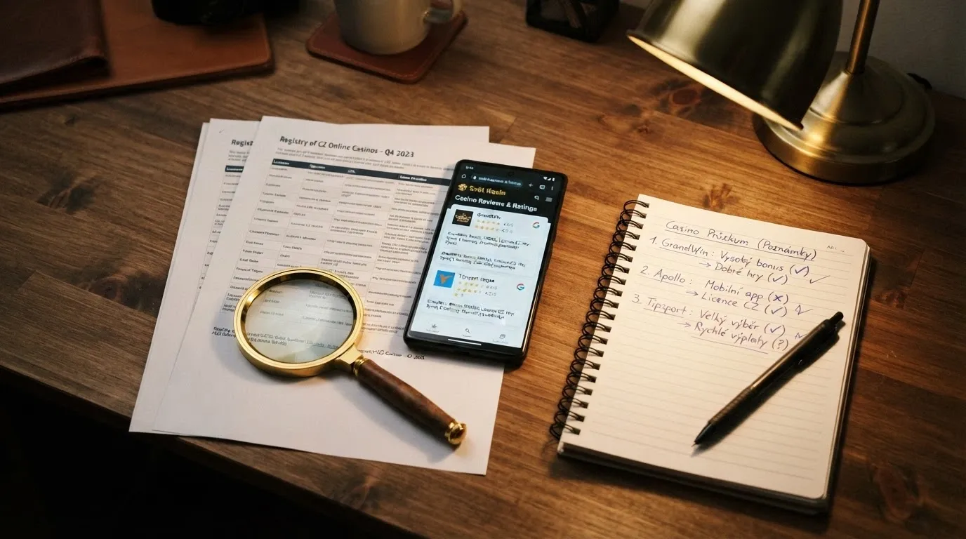 Pracovní stůl s mobilem, poznámkovým blokem, vytištěným registrem MF ČR a lupou — systematická rešerše, ne dojem