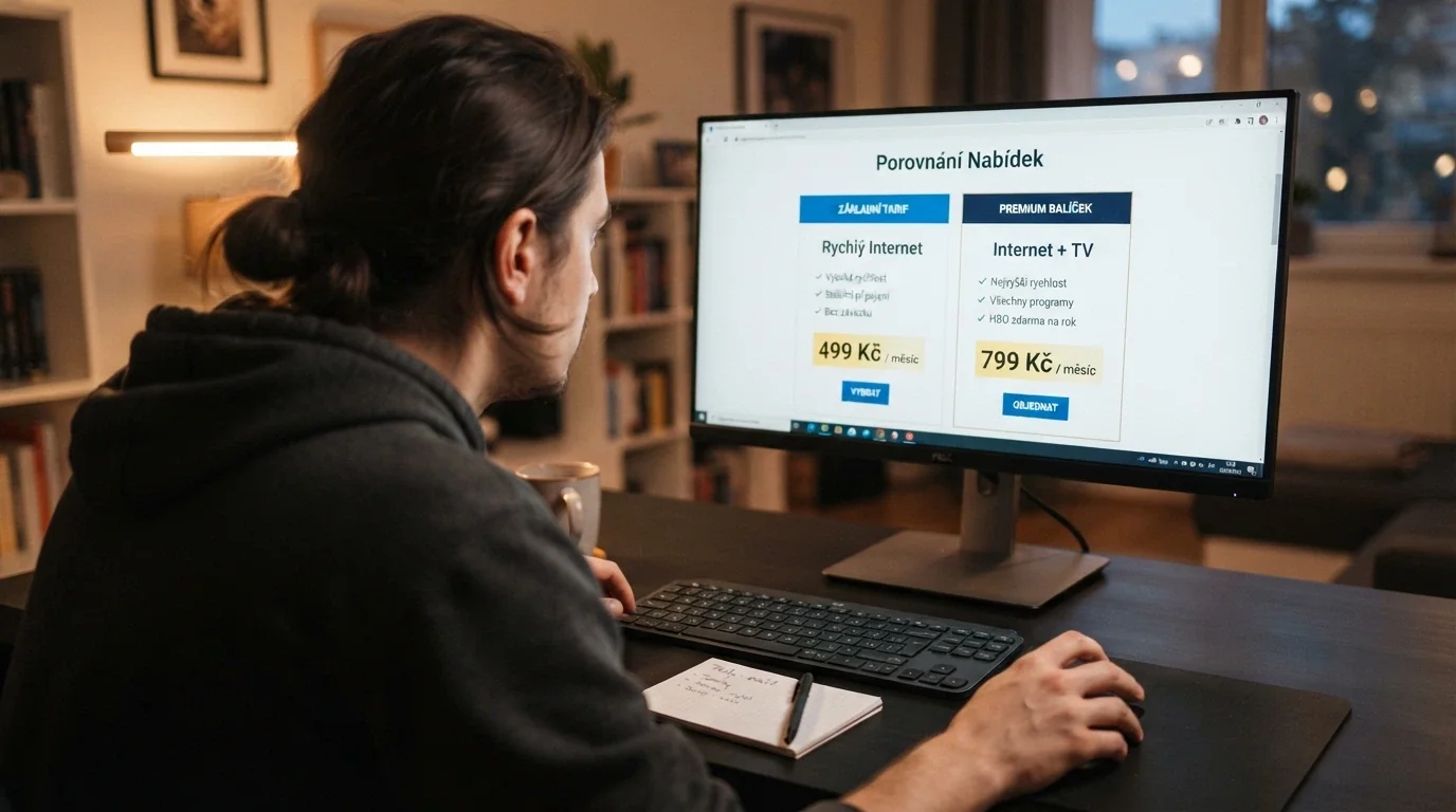 Hráč u obrazovky porovnávající dvě nabídky promo kódů na monitoru, ruka na myši