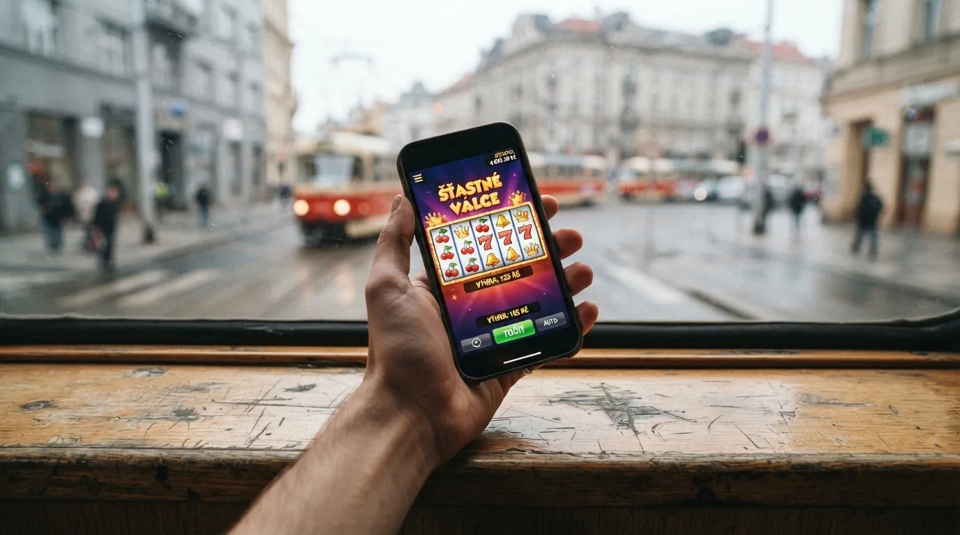 Hráč držící mobilní telefon s roztočeným automatem v českém prostředí