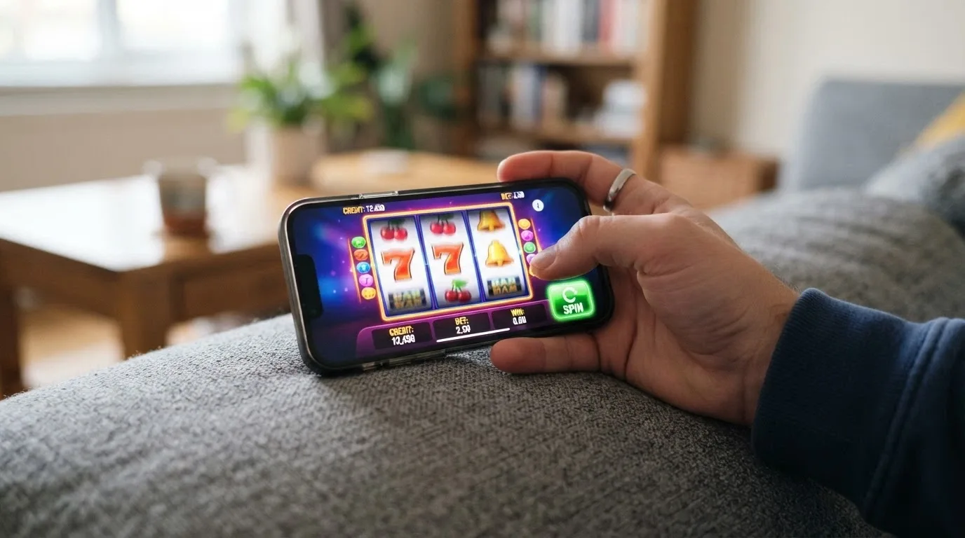 Dlaň držící telefon v režimu na šířku s roztočeným automatem — palec nad tlačítkem spin