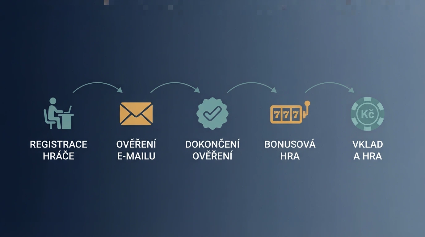 Infografika znázorňující cestu od registrace přes aktivaci bonusu až po protočení volných otoček na automatu
