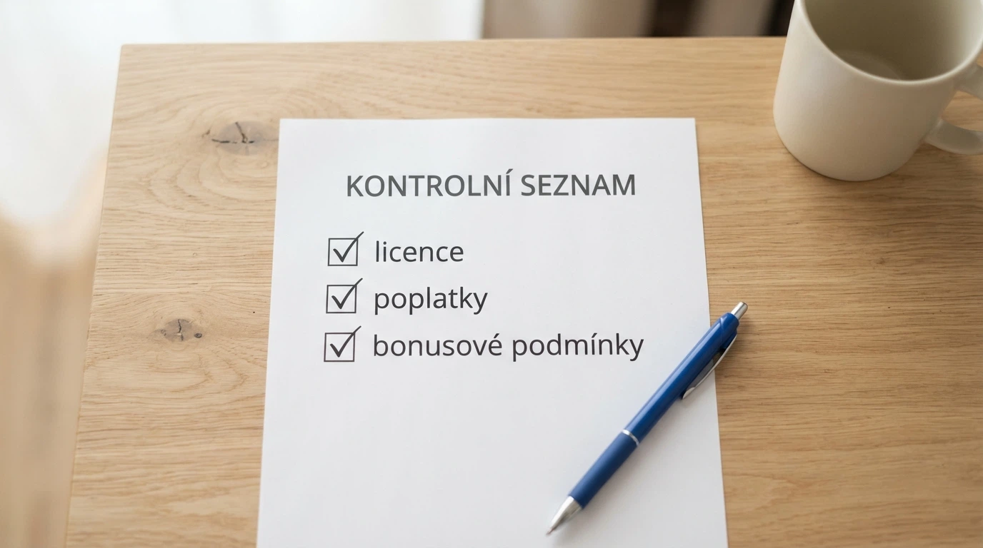Checklist na papíře s odškrtnutými body — licence, poplatky, bonusové podmínky