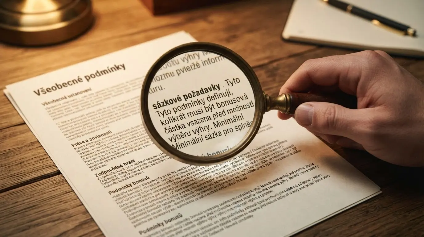 Detail bonusových podmínek — lupa nad textem s wageringem a časovou platností