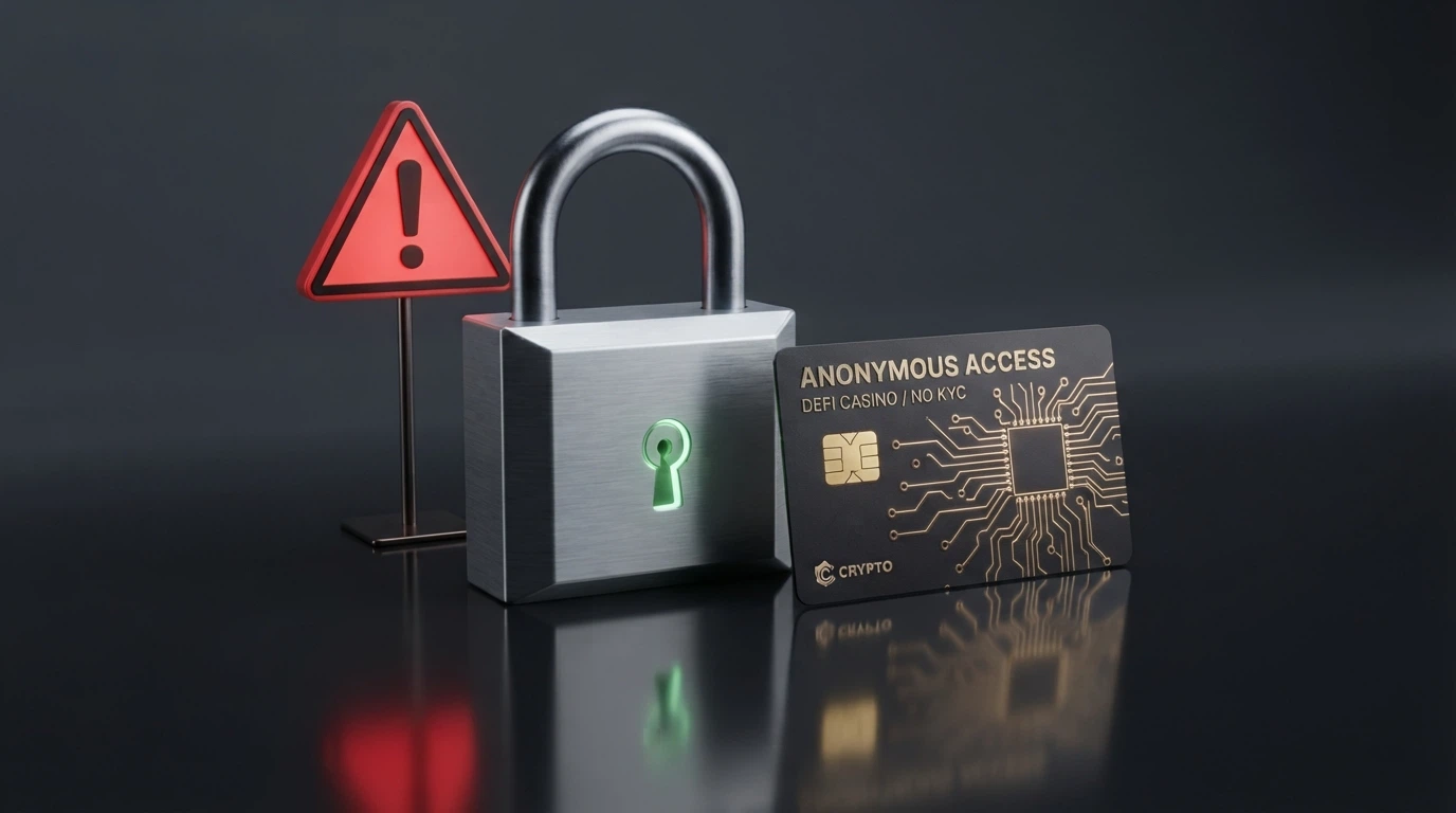 Symbolické zobrazení kryptoměnového casina s varovným signálem