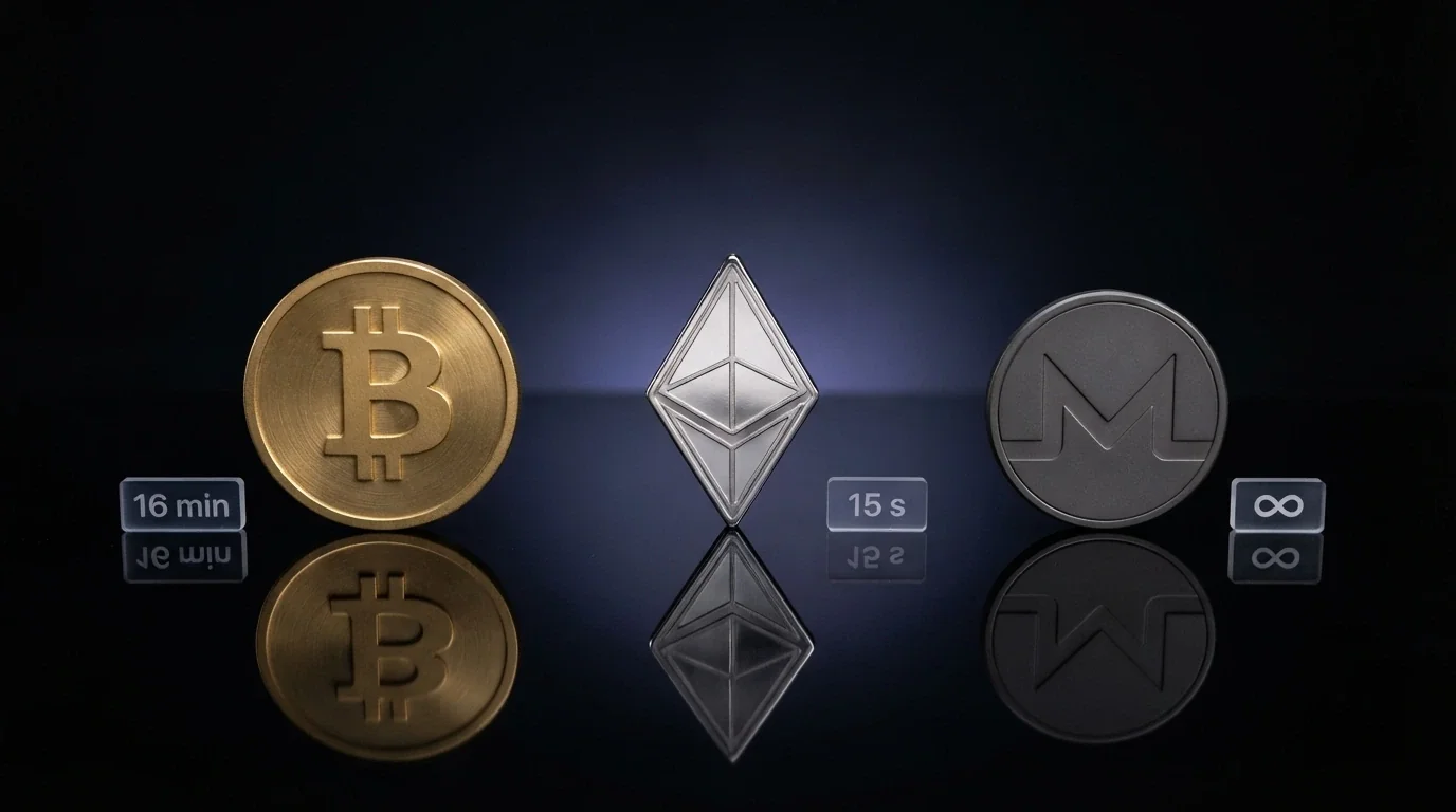 Tři kryptoměnové mince — Bitcoin, Ethereum a Monero — na černém pozadí, každá s popiskem rychlosti výběru (16 min, 15 s, okamžitě)