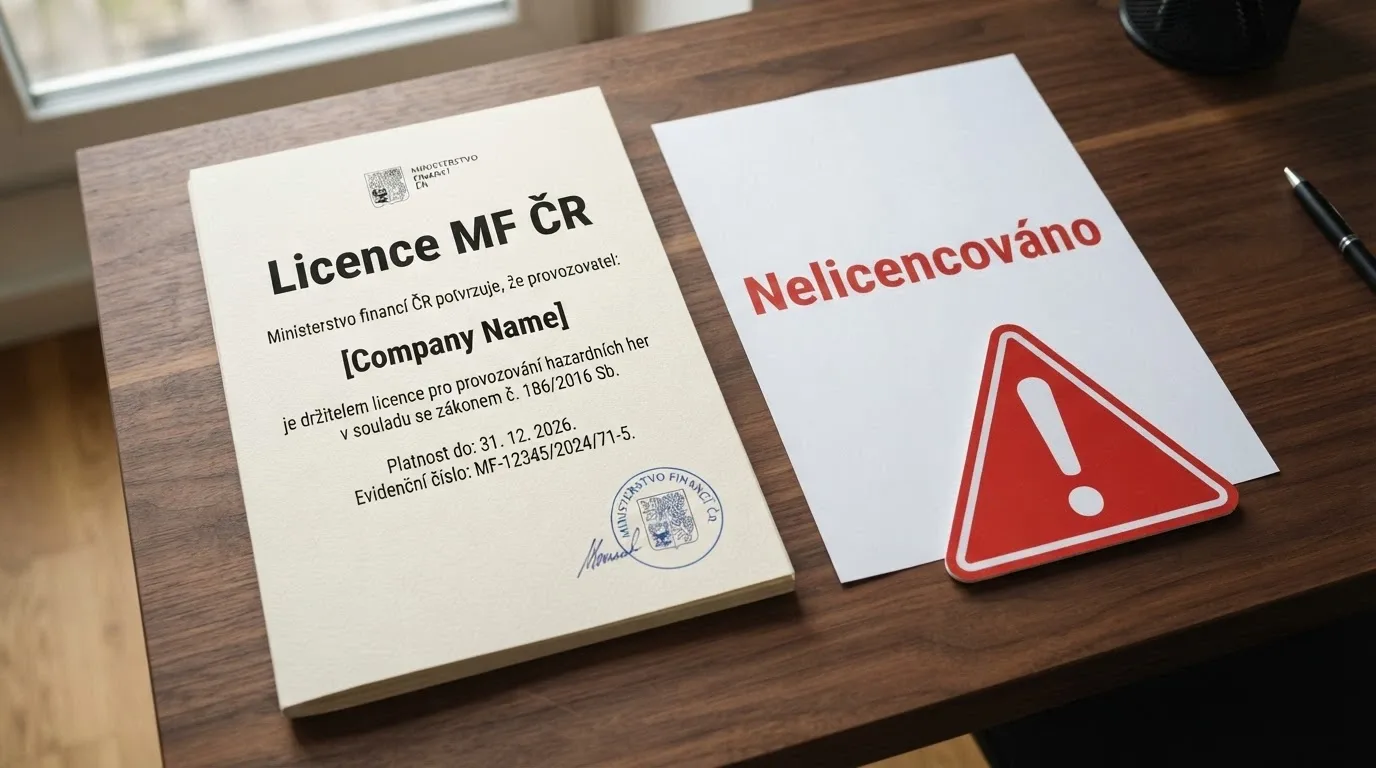Úřední dokument s razítkem MF ČR vedle výstražného trojúhelníku s nápisem „nelicencováno“ — kontrast české licence a offshore