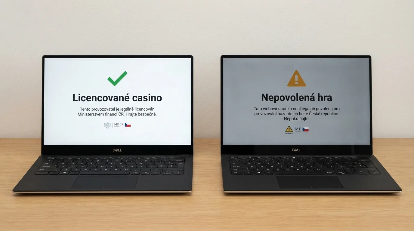 Dvě poloviny obrazu: vlevo obrazovka s logem MF ČR a textem „licencované casino“, vpravo obrazovka s varovným trojúhelníkem a nápisem „nepovolená hra“.