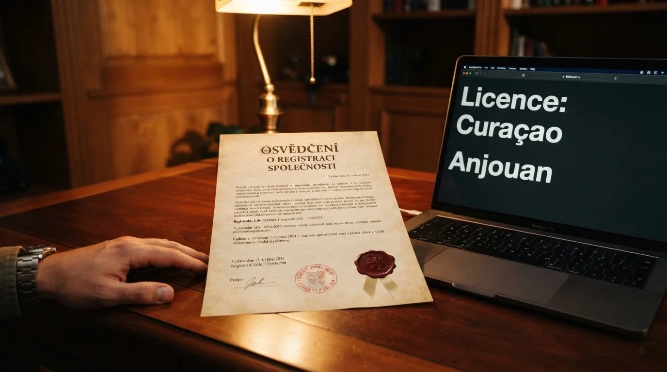 Úřední dokument s razítkem a vedle něj obrazovka s nápisem „Licence: Curaçao / Anjouan“