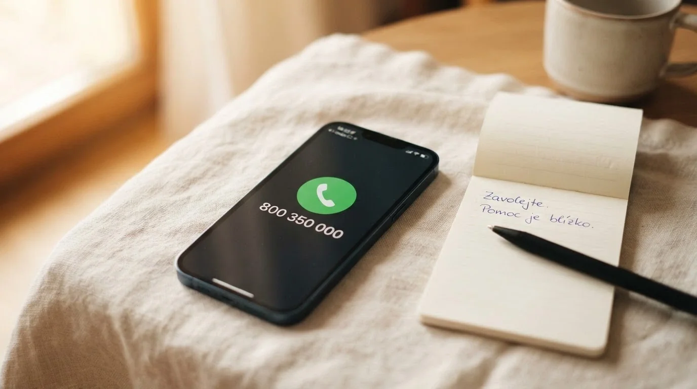 Telefon s číslem 800 350 000 a logem Národní linky pro odvykání hazardního hraní