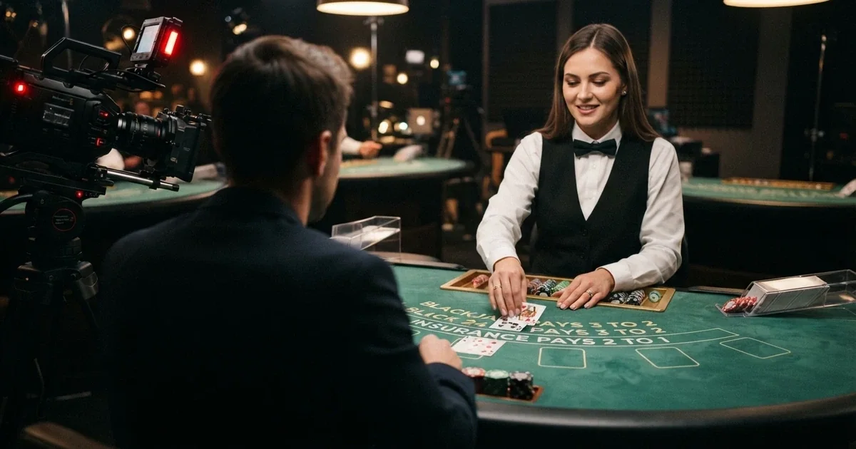 živý krupiér rozdává karty u blackjackového stolu v profesionálním studiu