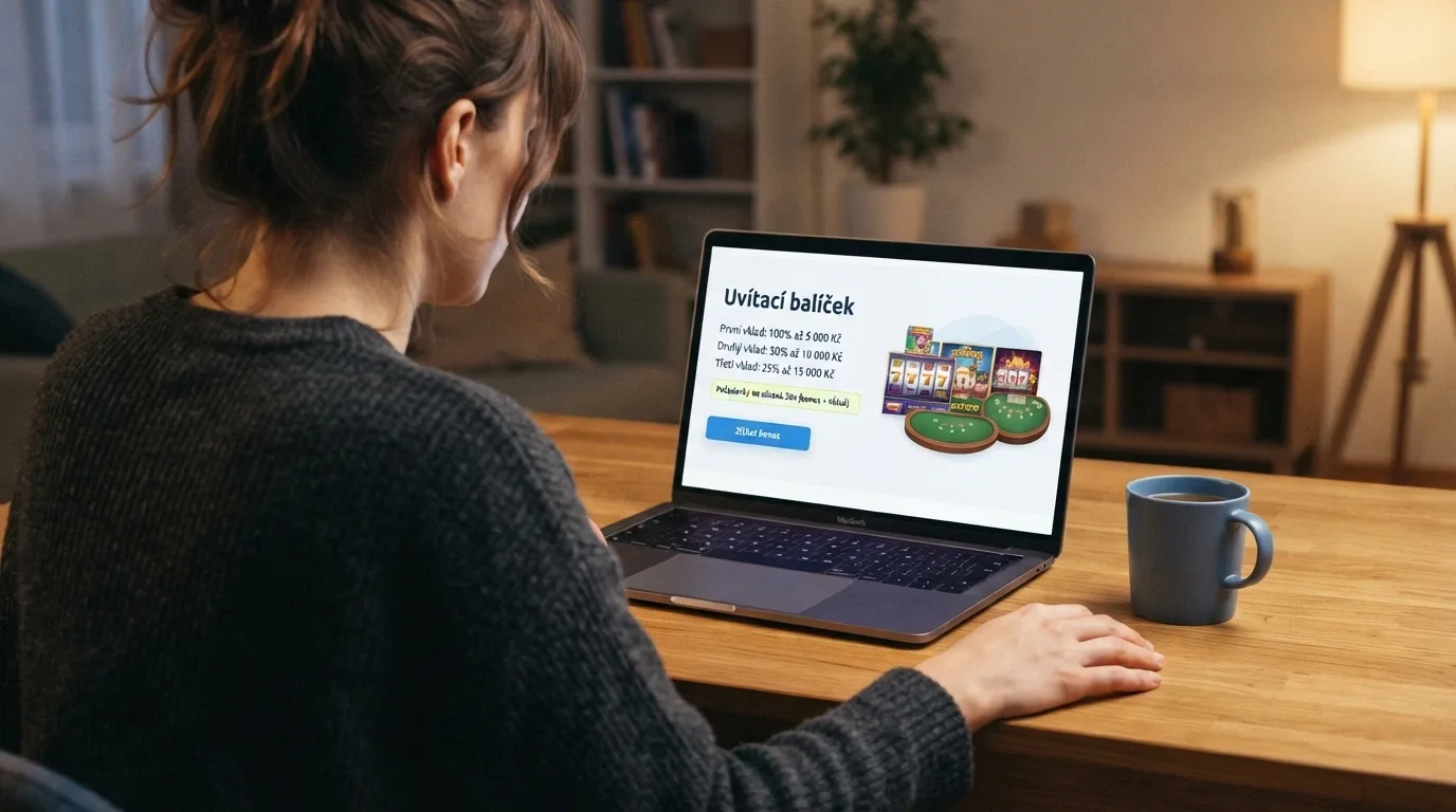 Hráč prohlížející si bonusové podmínky na webu live casina s viditelným uvítacím balíčkem