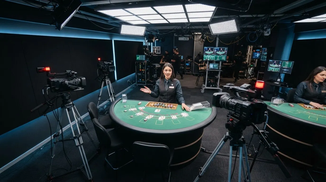 interiér live casino studia s blackjackovým stolem, kamerami a krupiérem v akci