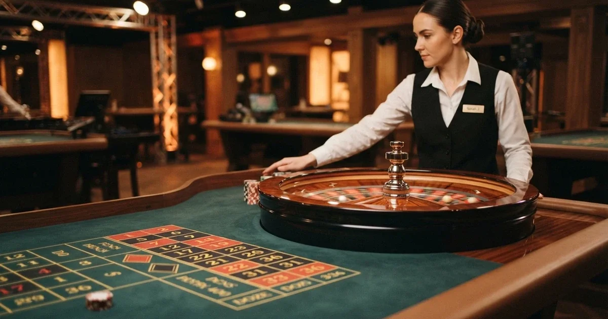 Živá ruleta s krupiérem u stolu v nasvíceném herním studiu