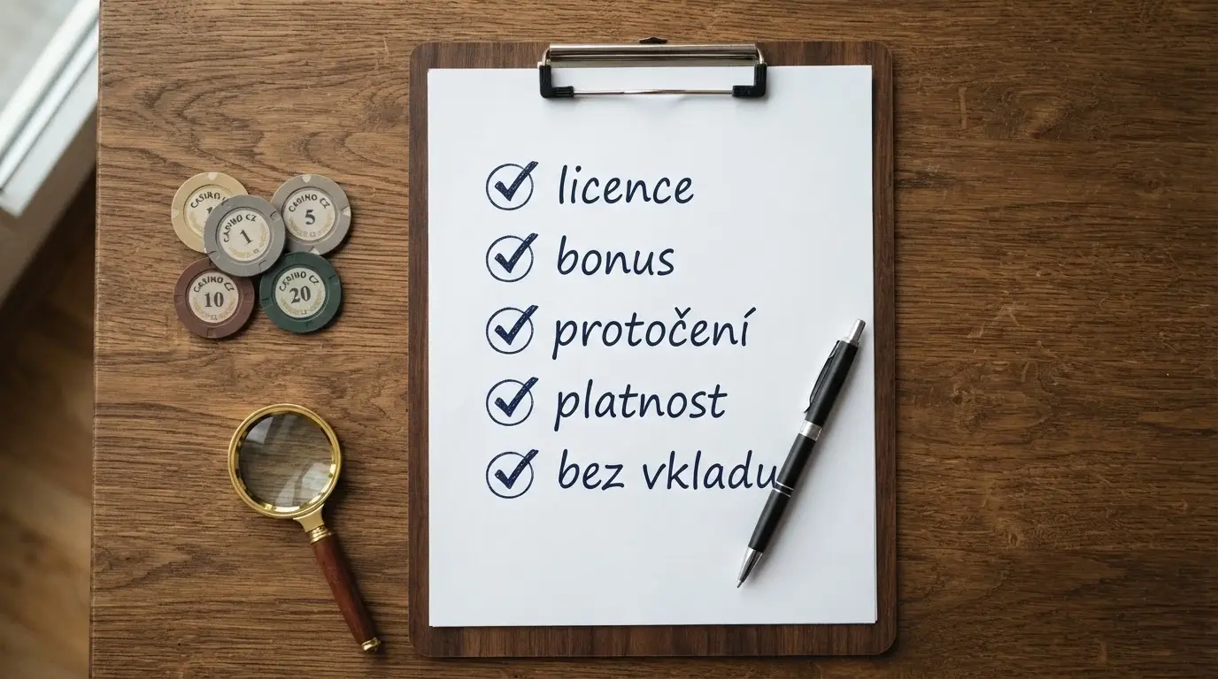 Stylizovaný kontrolní seznam s odškrtnutými položkami: licence, bonus, protočení, platnost, bez vkladu