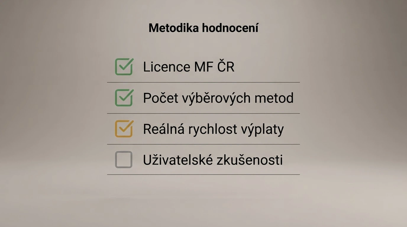 Stylizovaný kontrolní seznam s položkami licence MF ČR, počet metod výběru, reálná rychlost výplaty a uživatelské zkušenosti
