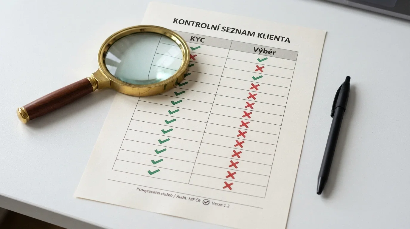 Lupa nad seznamem domén s fajfkami a křížky — vlevo sloupec „KYC při registraci“, vpravo „Test výběru“, dole zdroje: MF ČR a nezávislé auditní weby