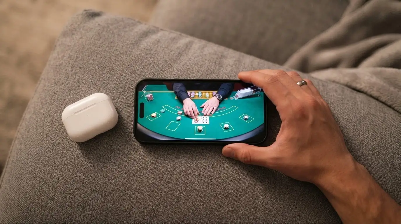 mobilní telefon s rozběhnutým live blackjackovým stolem na displeji