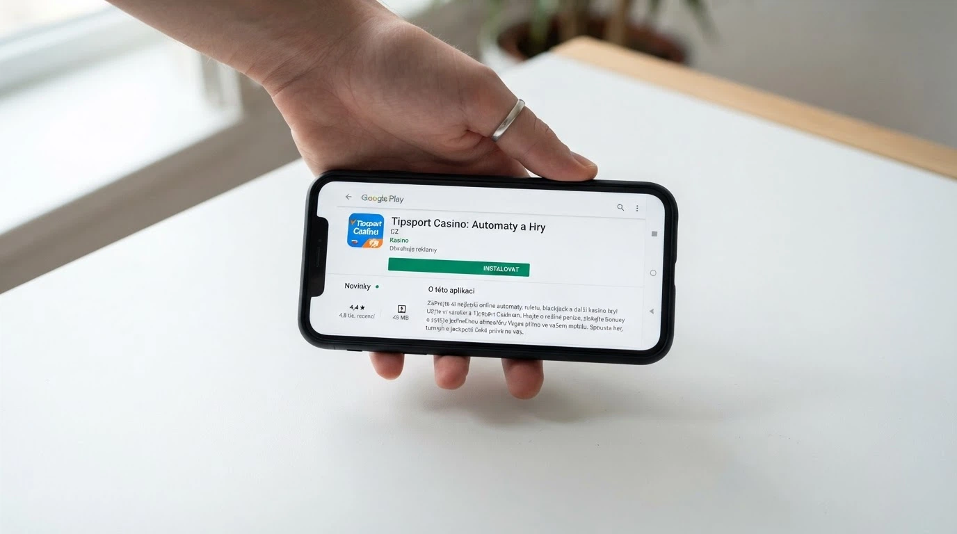 Ruka držící telefon s otevřenou stránkou Google Play na aplikaci licencovaného českého kasina