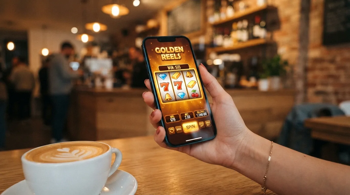 Mobilní telefon s otevřenou casino aplikací, na displeji automat s aktivními volnými otočkami