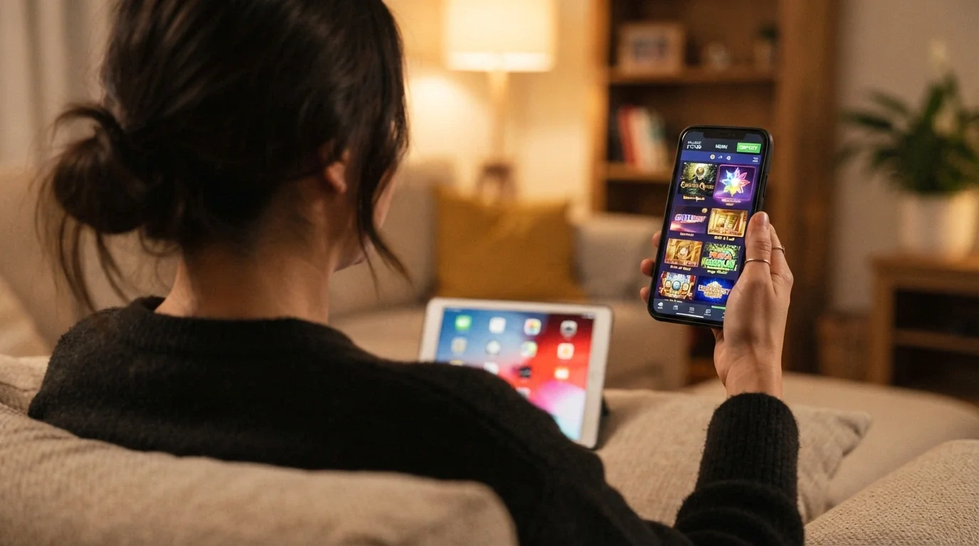 Chytrý telefon s otevřenou casino aplikací v ruce hráče, v pozadí plocha s ikonami free-to-play her