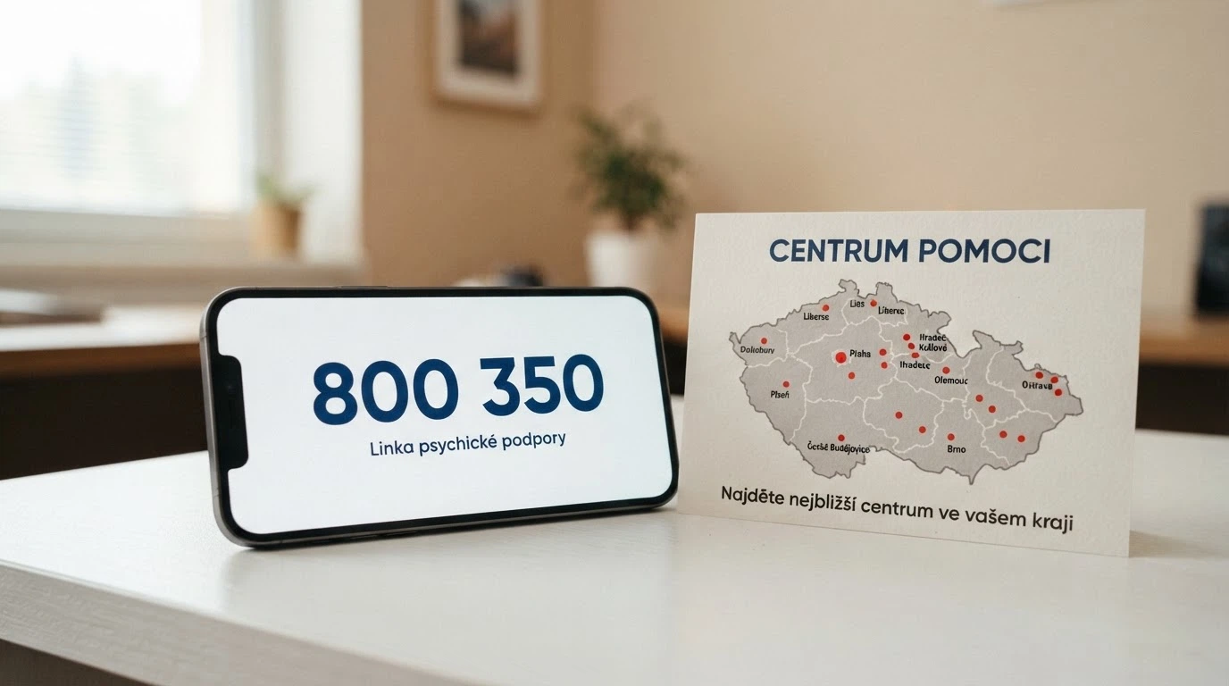 Telefonní sluchátko s číslem 800 350, vedle něj logo Národní linky pro odvykání hraní a mapa České republiky s označenými středisky pomoci.