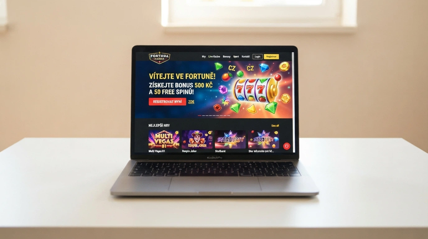 Domovská stránka nového českého online casina s uvítací nabídkou free spinů a logem licence MF ČR