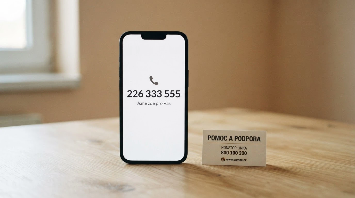 Telefon s vytočeným číslem linky pomoci na displeji, vedle něj vizitka s nápisem Naberte kurz
