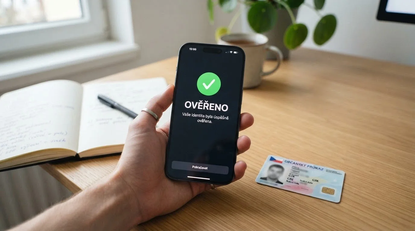 Mobilní telefon zobrazující rozhraní BankID s probíhajícím ověřením, vedle něj občanský průkaz
