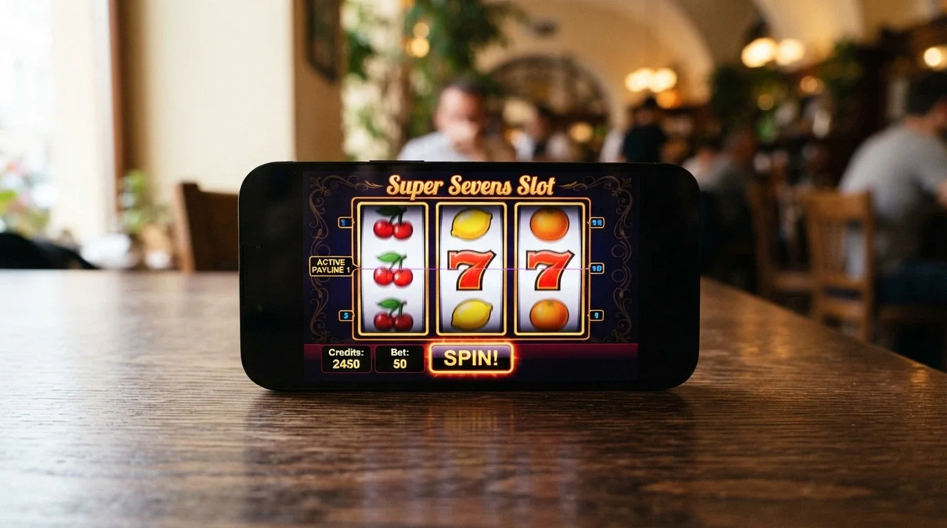Klasický ovocný automat s třešněmi, citrony a sedmičkami na displeji mobilního telefonu