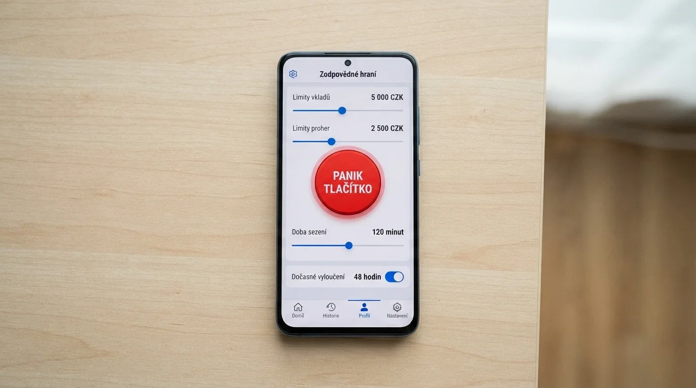 Uživatelské rozhraní s tlačítkem panic button a náhledem nastavení limitu — zvýrazněné tlačítko okamžitého vyloučení na 48 hodin