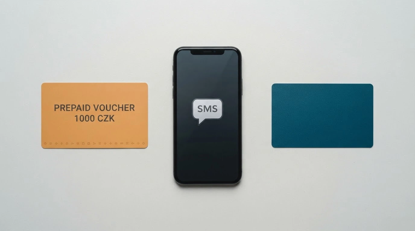 Paysafecard poukázka, mobil s SMS a platební karta vedle sebe