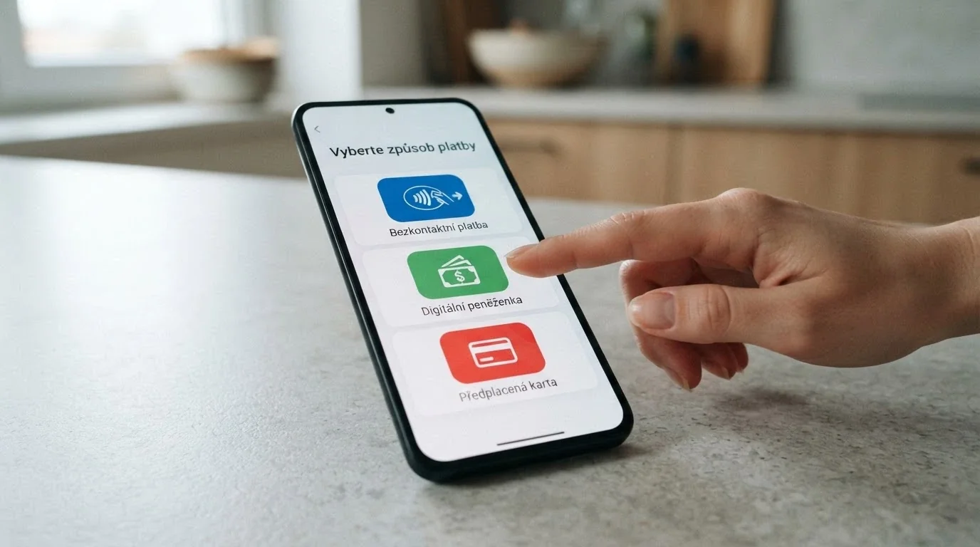 Obrazovka mobilu s výběrem platebních metod — Google Pay, Skrill, Neosurf