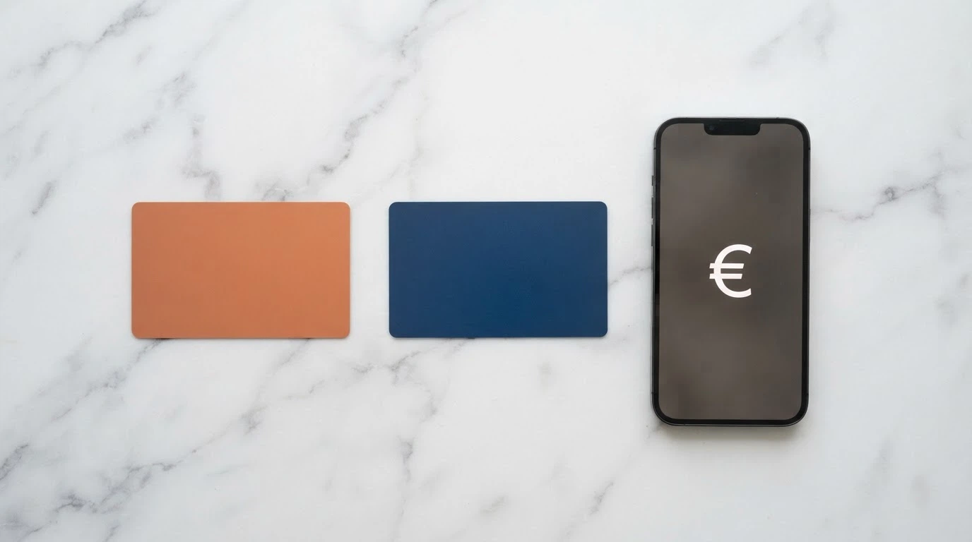 Paysafecard kupon, platební karta a mobilní telefon položené vedle sebe na světlém pozadí